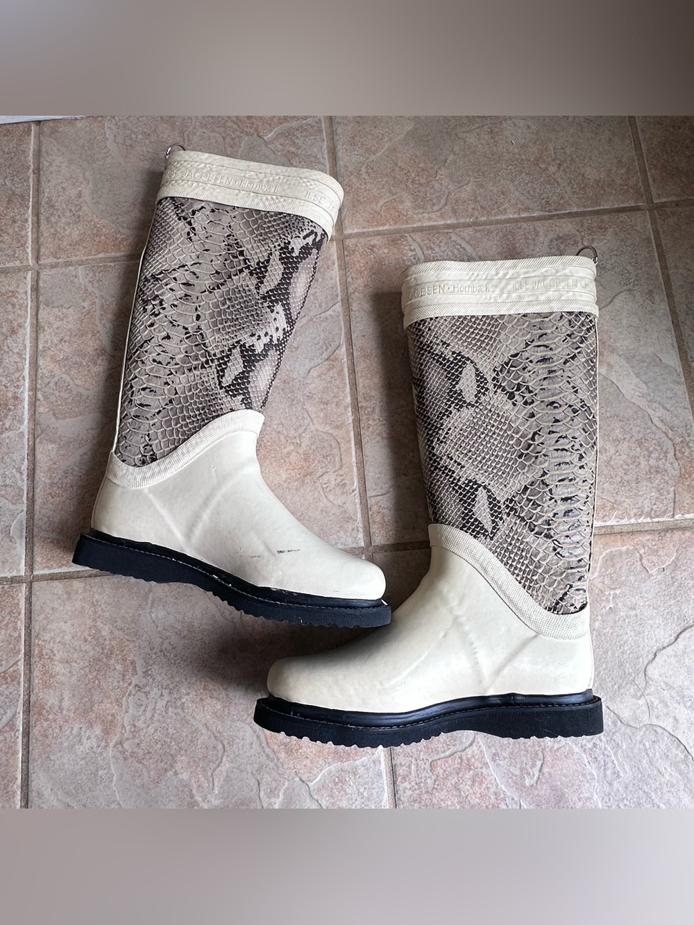 ILSE Jacobsen Hornbaek Cream Python Print Tall Rubber Rain Boots Fleece Lined